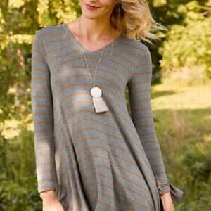 Matilda Jane Windsong V Neck Grey and Burnt Orange Stripe Tunic Size S